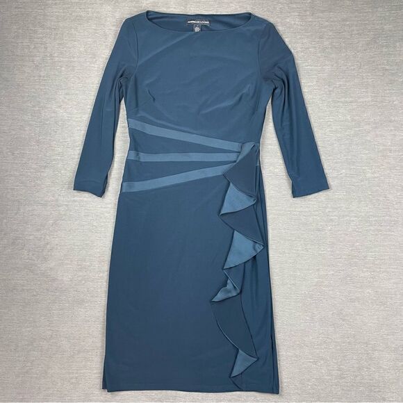 American Living Women's Blue Gabrielle Ruffled Satin Sheath Dress Size 4 - Picture 2 of 10